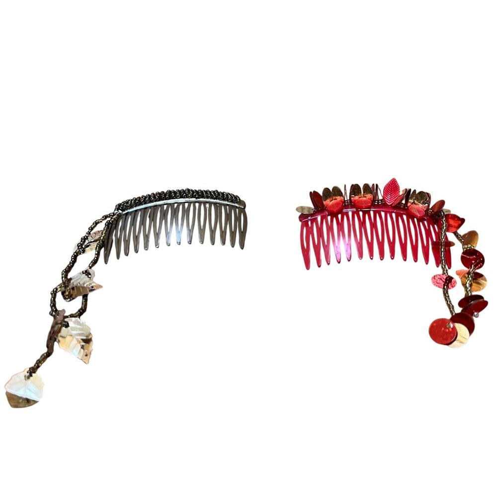 Vintageβ Hair Combs Y2K 1990's Plastic Beaded Topper Dangle Red Gold Tone Leaves